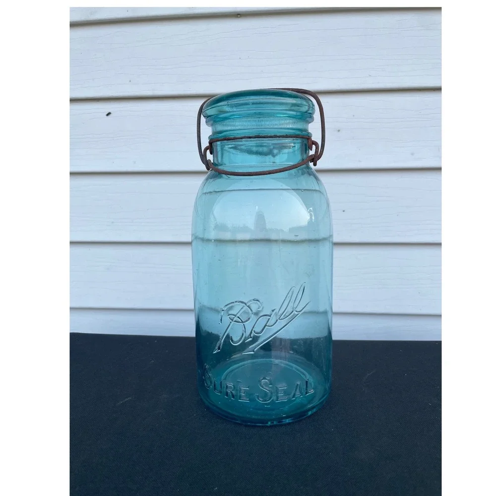 Ball Sure Seal Half Gallon Aqua Blue Glass Canning Jar Vintage Wire Bail Lid